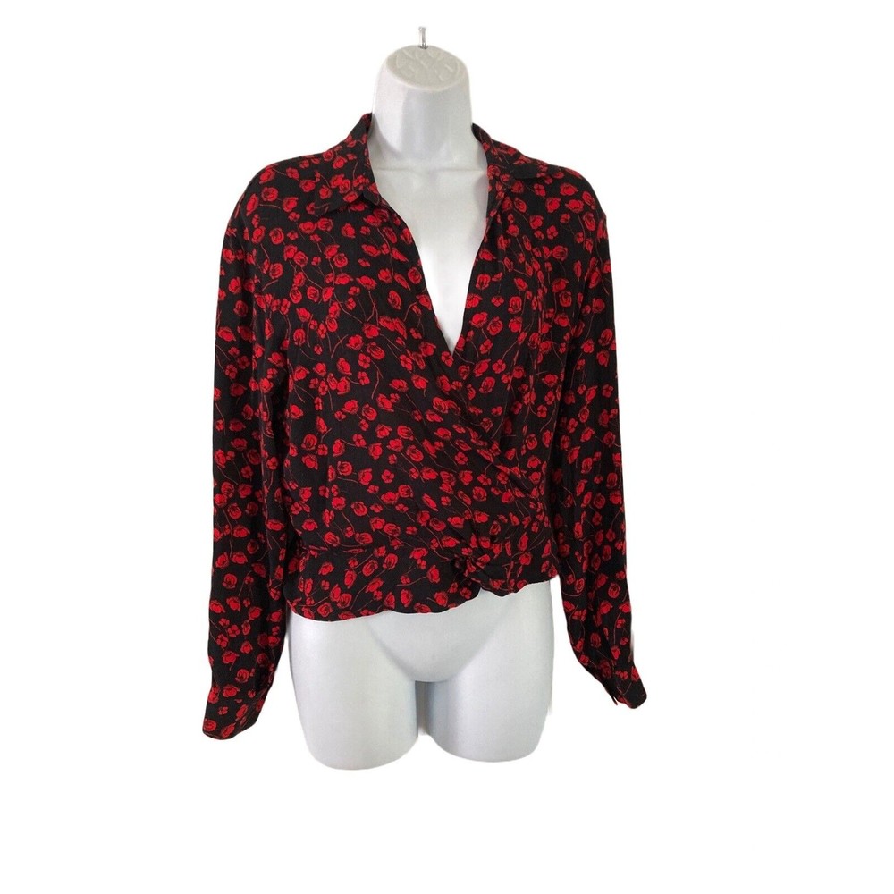 Free Press Clothing Floral Faux Wrap Long Sleeve Blouse Sz XS Red Black Cropped